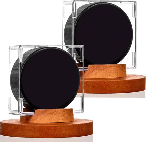 Hockey Puck Display Case - Acrylic Box, Hockey Puck Holder with Wooden Base, Hockey Pucks Storage Stand for Collection Memorabilia (2 Pack, Square) in Saudi Arabia