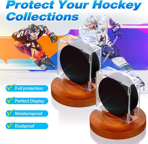 Hockey Puck Display Case - Acrylic Box, Hockey Puck Holder with Wooden Base, Hockey Pucks Storage Stand for Collection Memorabilia (2 Pack, Square) in Saudi Arabia
