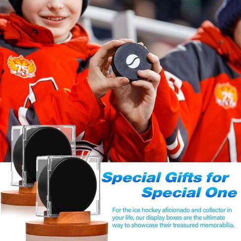Hockey Puck Display Case - Acrylic Box, Hockey Puck Holder with Wooden Base, Hockey Pucks Storage Stand for Collection Memorabilia (2 Pack, Square) in Saudi Arabia