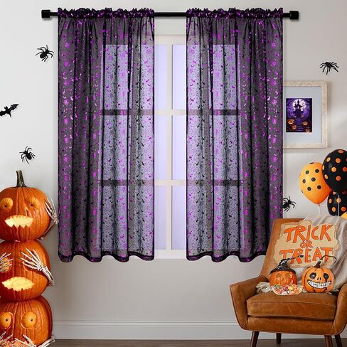 Yinhua Halloween Sheer Curtains for Living Room, Purple Stamping Bat Pumpkin Black Curtains 63 inch Length, Light Filter Curtains for Bedroom 2 Panels Set, Spooky Halloween Decor Ideal Gifts 52×63 in in Saudi Arabia