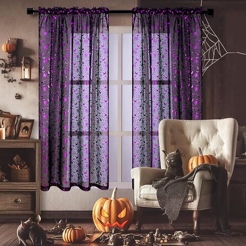 Yinhua Halloween Sheer Curtains for Living Room, Purple Stamping Bat Pumpkin Black Curtains 63 inch Length, Light Filter Curtains for Bedroom 2 Panels Set, Spooky Halloween Decor Ideal Gifts 52×63 in in Saudi Arabia