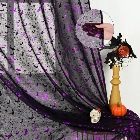 Yinhua Halloween Sheer Curtains for Living Room, Purple Stamping Bat Pumpkin Black Curtains 63 inch Length, Light Filter Curtains for Bedroom 2 Panels Set, Spooky Halloween Decor Ideal Gifts 52×63 in in Saudi Arabia