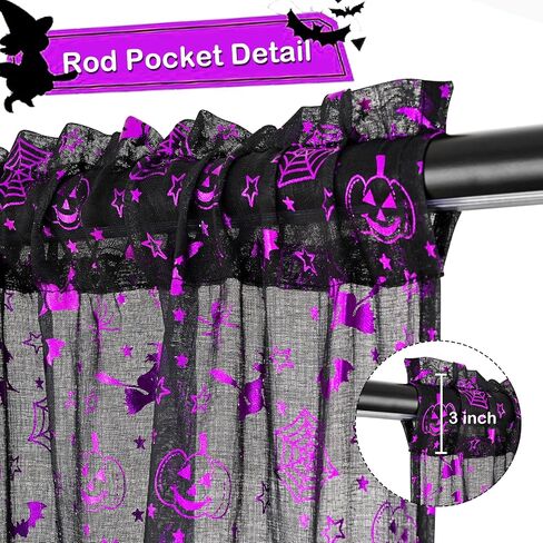 Yinhua Halloween Sheer Curtains for Living Room, Purple Stamping Bat Pumpkin Black Curtains 63 inch Length, Light Filter Curtains for Bedroom 2 Panels Set, Spooky Halloween Decor Ideal Gifts 52×63 in in Saudi Arabia