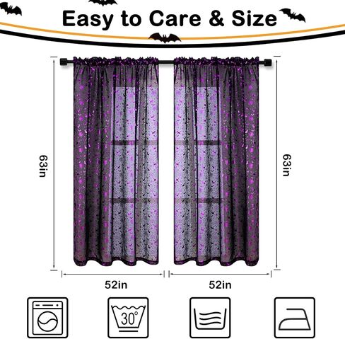 Yinhua Halloween Sheer Curtains for Living Room, Purple Stamping Bat Pumpkin Black Curtains 63 inch Length, Light Filter Curtains for Bedroom 2 Panels Set, Spooky Halloween Decor Ideal Gifts 52×63 in in Saudi Arabia
