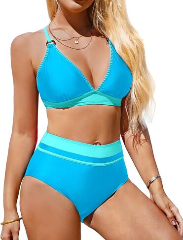 طقم بكيني نسائي من Charmo ذو خصر عالي وكتلة ملونة ورقبة على شكل حرف V مكون من قطعتين ملابس سباحة متقاطعة in Kuwait