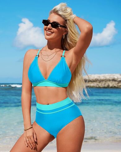 طقم بكيني نسائي من Charmo ذو خصر عالي وكتلة ملونة ورقبة على شكل حرف V مكون من قطعتين ملابس سباحة متقاطعة in Kuwait