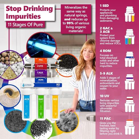 نظام تنقية المياه بالتناضح العكسي للأشعة فوق البنفسجية من EXPRESS WATER - فلتر مياه للأشعة فوق البنفسجية 11 مرحلة مع صنبور وخزان - فلتر مياه تحت الحوض مع فلتر قلوي لإضافة المعادن الأساسية 100 الناتج المحلي الإجمالي in Kuwait