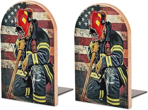 American Firefighter 2 PCS Wood Book Ends Bookends for Shelves Non Skid Book Ends for Office Home Kitchen, Bookends for Holding Books 6.7 * 4.7inch in Saudi Arabia