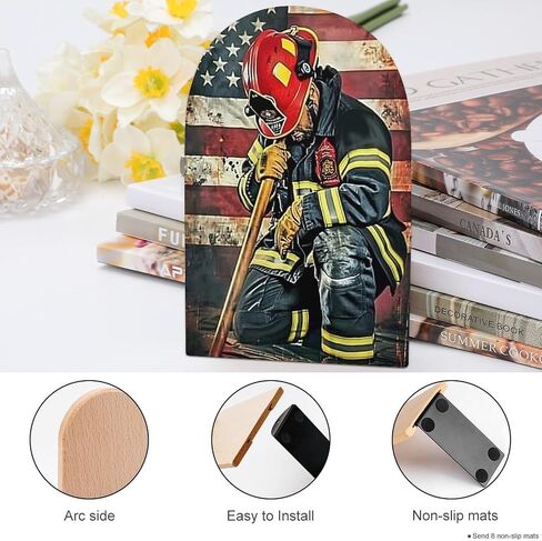 American Firefighter 2 PCS Wood Book Ends Bookends for Shelves Non Skid Book Ends for Office Home Kitchen, Bookends for Holding Books 6.7 * 4.7inch in Saudi Arabia