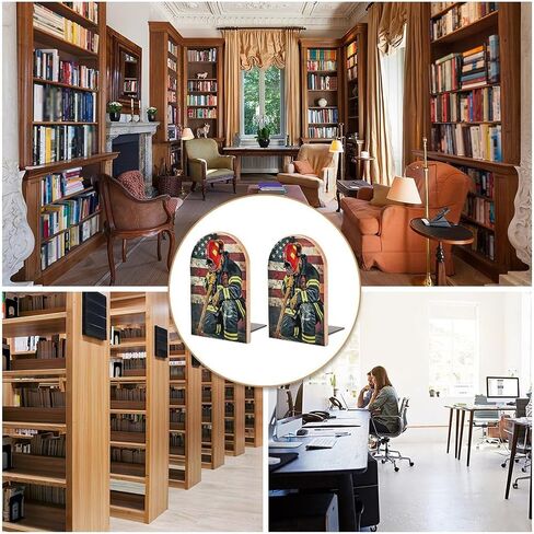 American Firefighter 2 PCS Wood Book Ends Bookends for Shelves Non Skid Book Ends for Office Home Kitchen, Bookends for Holding Books 6.7 * 4.7inch in Saudi Arabia