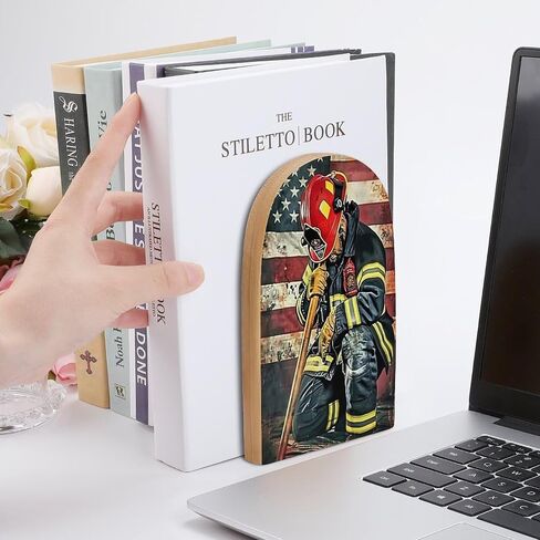 American Firefighter 2 PCS Wood Book Ends Bookends for Shelves Non Skid Book Ends for Office Home Kitchen, Bookends for Holding Books 6.7 * 4.7inch in Saudi Arabia