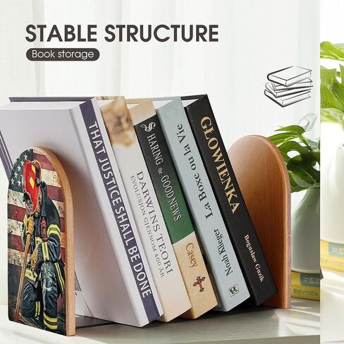 American Firefighter 2 PCS Wood Book Ends Bookends for Shelves Non Skid Book Ends for Office Home Kitchen, Bookends for Holding Books 6.7 * 4.7inch in Saudi Arabia