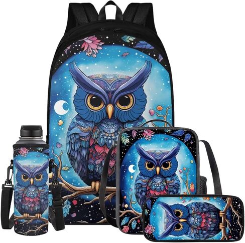 Owl School Backpack Set 4 Pcs with Pencil Case Lunch Box Water Bottle Holder MultiPurpose Comfortable Kids Backpack for for Kindergarten Elementary School Students Lunch Bag for Boy 5-7 in Saudi Arabia