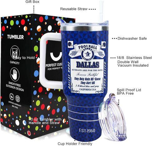 40 oz Tumbler for Dallas Football Fans Gifts for Men Women Ideas - 40 oz Tumbler with Handle and Straw Lid Leak Proof Dallas Cup Coffee Mug in Saudi Arabia
