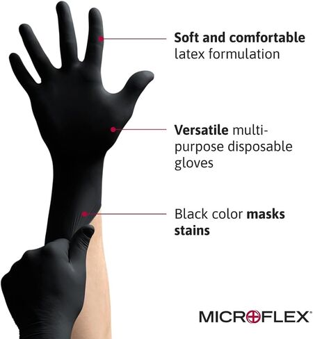 Ansell Microflex Black Dragon BD-100L 6mil قفازات لاتكس للاستعمال مرة واحدة مع نسيج كامل لتجهيز الطعام، السيارات - كبير، أسود (صندوق من 100) in Kuwait