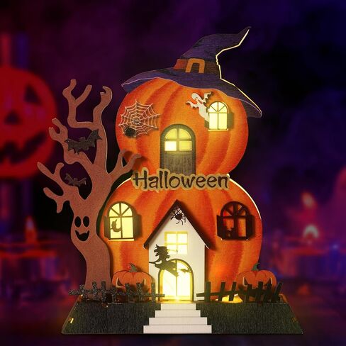 ديكورات طاولة الهالوين في الأماكن المغلقة مقاس 9 × 9 بوصة مضاءة بالقرع الخشبي منزل مسكون ديكور سطح الطاولة تعمل بالبطارية جاك أو فانوس ساحرة شبح الهالوين ديكورات لمكتب المطبخ والحلي المنزلية in Kuwait