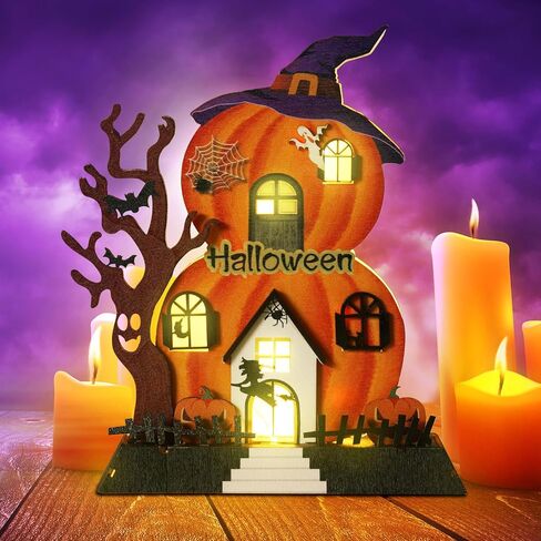 ديكورات طاولة الهالوين في الأماكن المغلقة مقاس 9 × 9 بوصة مضاءة بالقرع الخشبي منزل مسكون ديكور سطح الطاولة تعمل بالبطارية جاك أو فانوس ساحرة شبح الهالوين ديكورات لمكتب المطبخ والحلي المنزلية in Kuwait