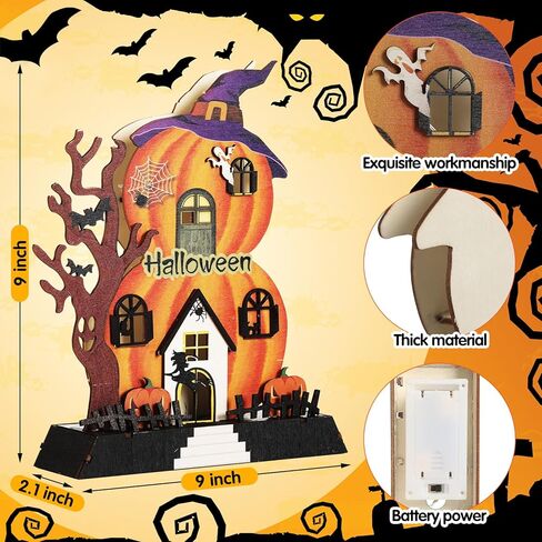 ديكورات طاولة الهالوين في الأماكن المغلقة مقاس 9 × 9 بوصة مضاءة بالقرع الخشبي منزل مسكون ديكور سطح الطاولة تعمل بالبطارية جاك أو فانوس ساحرة شبح الهالوين ديكورات لمكتب المطبخ والحلي المنزلية in Kuwait