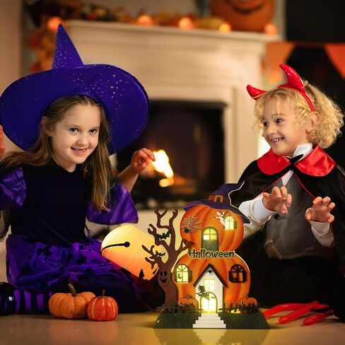 ديكورات طاولة الهالوين في الأماكن المغلقة مقاس 9 × 9 بوصة مضاءة بالقرع الخشبي منزل مسكون ديكور سطح الطاولة تعمل بالبطارية جاك أو فانوس ساحرة شبح الهالوين ديكورات لمكتب المطبخ والحلي المنزلية in Kuwait