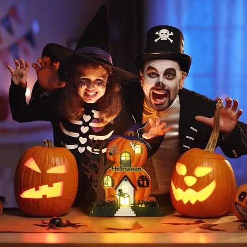 ديكورات طاولة الهالوين في الأماكن المغلقة مقاس 9 × 9 بوصة مضاءة بالقرع الخشبي منزل مسكون ديكور سطح الطاولة تعمل بالبطارية جاك أو فانوس ساحرة شبح الهالوين ديكورات لمكتب المطبخ والحلي المنزلية in Kuwait