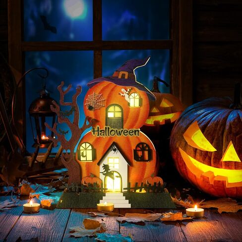 ديكورات طاولة الهالوين في الأماكن المغلقة مقاس 9 × 9 بوصة مضاءة بالقرع الخشبي منزل مسكون ديكور سطح الطاولة تعمل بالبطارية جاك أو فانوس ساحرة شبح الهالوين ديكورات لمكتب المطبخ والحلي المنزلية in Kuwait