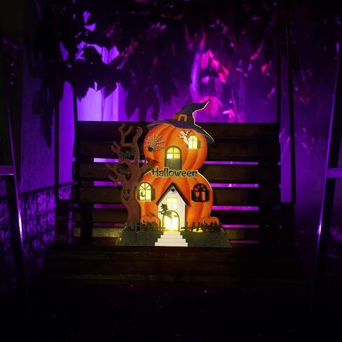 ديكورات طاولة الهالوين في الأماكن المغلقة مقاس 9 × 9 بوصة مضاءة بالقرع الخشبي منزل مسكون ديكور سطح الطاولة تعمل بالبطارية جاك أو فانوس ساحرة شبح الهالوين ديكورات لمكتب المطبخ والحلي المنزلية in Kuwait