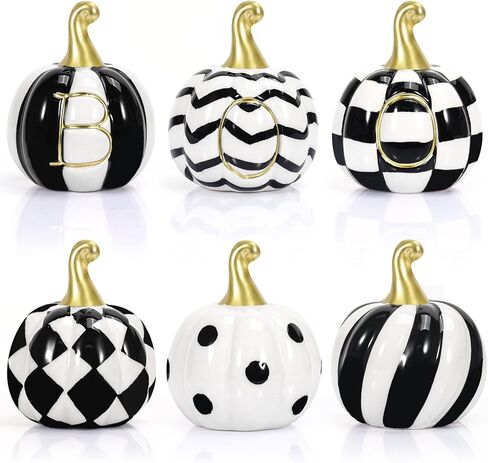 مجموعة من 6 قطع من السيراميك لديكور اليقطين للهالوين، سيراميك أبيض وأسود على شكل يقطين جاموس منقوش من السيراميك، ديكورات الهالوين في الأماكن المغلقة لمزرعة اليقطين، ديكور صينية متدرجة لقطع الطاولة المركزية في المنزل in Kuwait