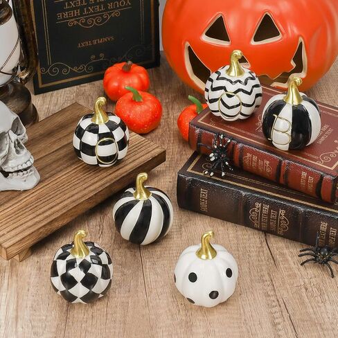 مجموعة من 6 قطع من السيراميك لديكور اليقطين للهالوين، سيراميك أبيض وأسود على شكل يقطين جاموس منقوش من السيراميك، ديكورات الهالوين في الأماكن المغلقة لمزرعة اليقطين، ديكور صينية متدرجة لقطع الطاولة المركزية في المنزل in Kuwait