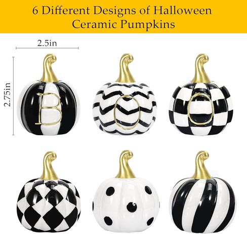 مجموعة من 6 قطع من السيراميك لديكور اليقطين للهالوين، سيراميك أبيض وأسود على شكل يقطين جاموس منقوش من السيراميك، ديكورات الهالوين في الأماكن المغلقة لمزرعة اليقطين، ديكور صينية متدرجة لقطع الطاولة المركزية في المنزل in Kuwait