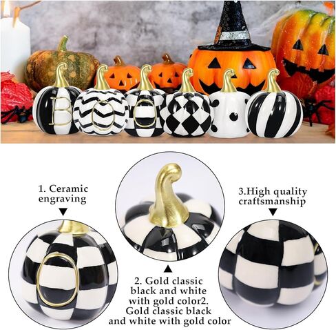 مجموعة من 6 قطع من السيراميك لديكور اليقطين للهالوين، سيراميك أبيض وأسود على شكل يقطين جاموس منقوش من السيراميك، ديكورات الهالوين في الأماكن المغلقة لمزرعة اليقطين، ديكور صينية متدرجة لقطع الطاولة المركزية في المنزل in Kuwait