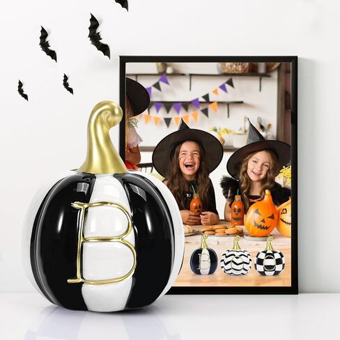 مجموعة من 6 قطع من السيراميك لديكور اليقطين للهالوين، سيراميك أبيض وأسود على شكل يقطين جاموس منقوش من السيراميك، ديكورات الهالوين في الأماكن المغلقة لمزرعة اليقطين، ديكور صينية متدرجة لقطع الطاولة المركزية في المنزل in Kuwait