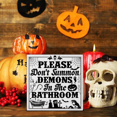 ديكورات الهالوين المضحكة لديكور الحمام للهالوين، علامة كتلة خشبية للحمام القوطي المضحك، ديكور داخلي للمنزل، مقاس 5 × 5 بوصات in Kuwait