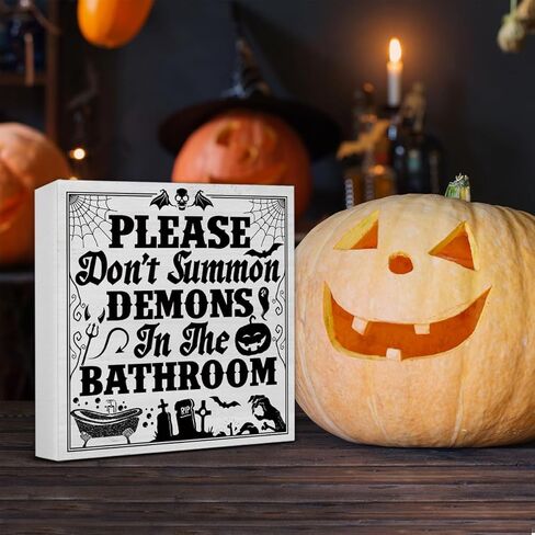 ديكورات الهالوين المضحكة لديكور الحمام للهالوين، علامة كتلة خشبية للحمام القوطي المضحك، ديكور داخلي للمنزل، مقاس 5 × 5 بوصات in Kuwait