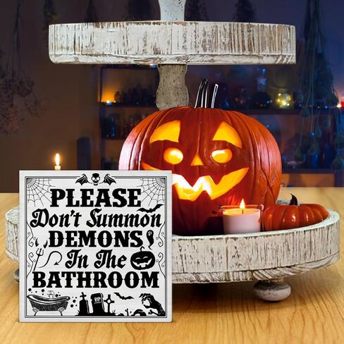 ديكورات الهالوين المضحكة لديكور الحمام للهالوين، علامة كتلة خشبية للحمام القوطي المضحك، ديكور داخلي للمنزل، مقاس 5 × 5 بوصات in Kuwait