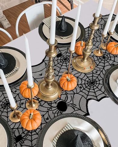 Black Halloween Table Runner Decor: Spider Web Black Table Linens 2 Packs 18 x 72 Inches Lace Runners for Halloween Party Dinner Fireplace Supplies in Kuwait
