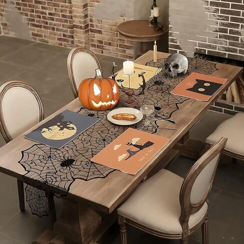 Black Halloween Table Runner Decor: Spider Web Black Table Linens 2 Packs 18 x 72 Inches Lace Runners for Halloween Party Dinner Fireplace Supplies in Kuwait