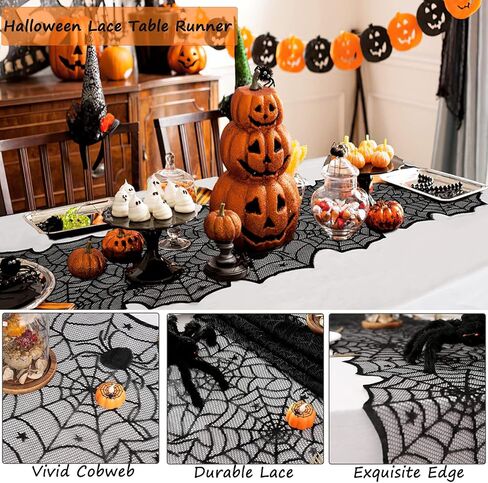 Black Halloween Table Runner Decor: Spider Web Black Table Linens 2 Packs 18 x 72 Inches Lace Runners for Halloween Party Dinner Fireplace Supplies in Kuwait