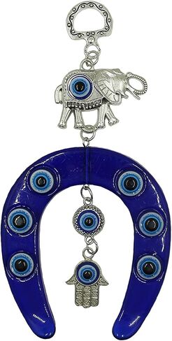 قلادة LUCKBOSTIUM الفيل وحدوة الحصان مع يد همسة، وعين الشر، والمزيد من الحظ الجيد والحماية ملحقات السيارة المعلقة باللون الفضي والأزرق للحقائب المنزلية ومرآة الرؤية الخلفية ديكور ساحر in Kuwait