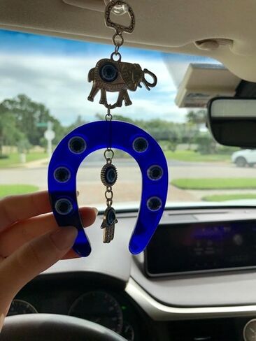 قلادة LUCKBOSTIUM الفيل وحدوة الحصان مع يد همسة، وعين الشر، والمزيد من الحظ الجيد والحماية ملحقات السيارة المعلقة باللون الفضي والأزرق للحقائب المنزلية ومرآة الرؤية الخلفية ديكور ساحر in Kuwait