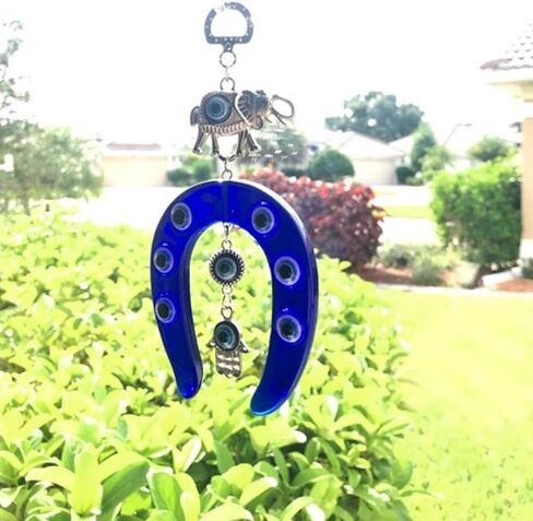 قلادة LUCKBOSTIUM الفيل وحدوة الحصان مع يد همسة، وعين الشر، والمزيد من الحظ الجيد والحماية ملحقات السيارة المعلقة باللون الفضي والأزرق للحقائب المنزلية ومرآة الرؤية الخلفية ديكور ساحر in Kuwait