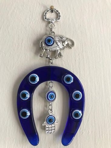 قلادة LUCKBOSTIUM الفيل وحدوة الحصان مع يد همسة، وعين الشر، والمزيد من الحظ الجيد والحماية ملحقات السيارة المعلقة باللون الفضي والأزرق للحقائب المنزلية ومرآة الرؤية الخلفية ديكور ساحر in Kuwait