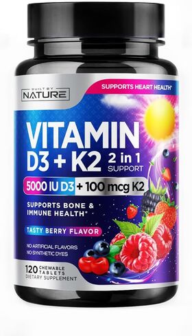Vitamin D3 K2 – Chewable Vitamin D 5000 IU & K2 MK-7 100 mcg – 2 in 1 Vitamin D K2 Supplement Chews - Immune, Heart, & Bone Support – Non GMO - Tasty Berry Flavor - 120 Chewable Tablets in Kuwait