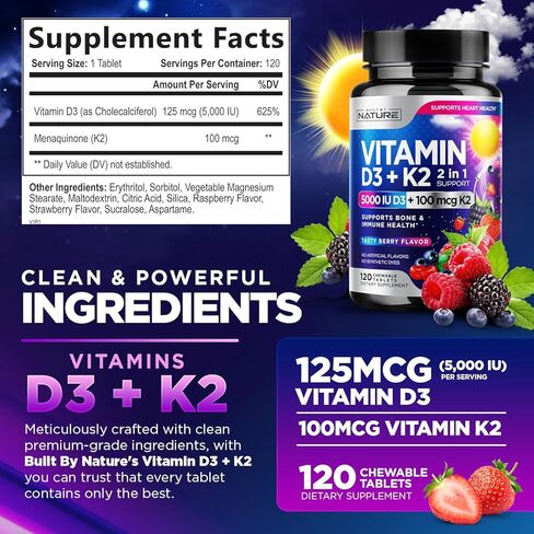 Vitamin D3 K2 – Chewable Vitamin D 5000 IU & K2 MK-7 100 mcg – 2 in 1 Vitamin D K2 Supplement Chews - Immune, Heart, & Bone Support – Non GMO - Tasty Berry Flavor - 120 Chewable Tablets in Kuwait