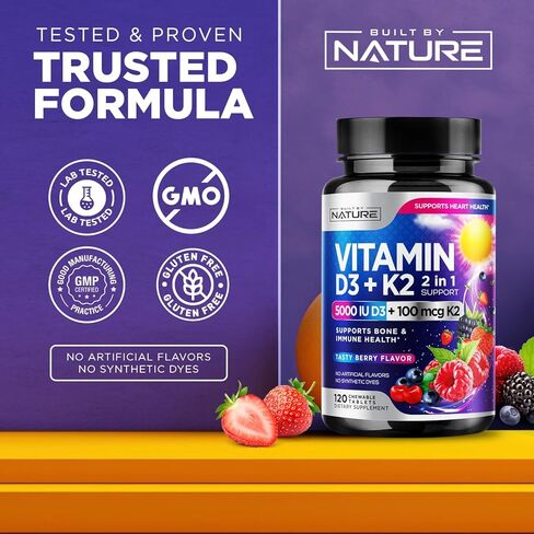 Vitamin D3 K2 – Chewable Vitamin D 5000 IU & K2 MK-7 100 mcg – 2 in 1 Vitamin D K2 Supplement Chews - Immune, Heart, & Bone Support – Non GMO - Tasty Berry Flavor - 120 Chewable Tablets in Kuwait