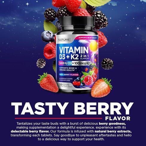 Vitamin D3 K2 – Chewable Vitamin D 5000 IU & K2 MK-7 100 mcg – 2 in 1 Vitamin D K2 Supplement Chews - Immune, Heart, & Bone Support – Non GMO - Tasty Berry Flavor - 120 Chewable Tablets in Kuwait