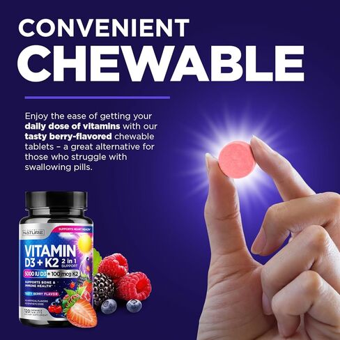 Vitamin D3 K2 – Chewable Vitamin D 5000 IU & K2 MK-7 100 mcg – 2 in 1 Vitamin D K2 Supplement Chews - Immune, Heart, & Bone Support – Non GMO - Tasty Berry Flavor - 120 Chewable Tablets in Kuwait