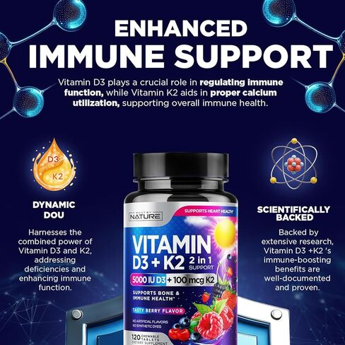 Vitamin D3 K2 – Chewable Vitamin D 5000 IU & K2 MK-7 100 mcg – 2 in 1 Vitamin D K2 Supplement Chews - Immune, Heart, & Bone Support – Non GMO - Tasty Berry Flavor - 120 Chewable Tablets in Kuwait