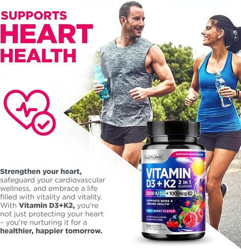 Vitamin D3 K2 – Chewable Vitamin D 5000 IU & K2 MK-7 100 mcg – 2 in 1 Vitamin D K2 Supplement Chews - Immune, Heart, & Bone Support – Non GMO - Tasty Berry Flavor - 120 Chewable Tablets in Kuwait