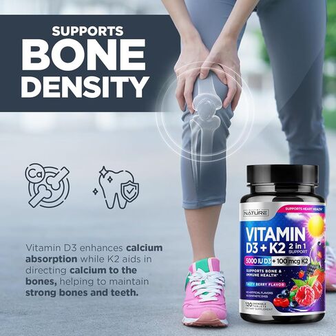 Vitamin D3 K2 – Chewable Vitamin D 5000 IU & K2 MK-7 100 mcg – 2 in 1 Vitamin D K2 Supplement Chews - Immune, Heart, & Bone Support – Non GMO - Tasty Berry Flavor - 120 Chewable Tablets in Kuwait
