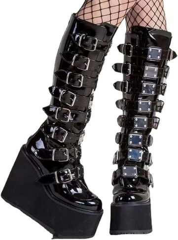 HINDOLA Womens Platform Punk Goth Mid Calf Boots Rivets Metal Decoration Back-Zip Knee High Motorcycle Booties Combat Boots in Kuwait